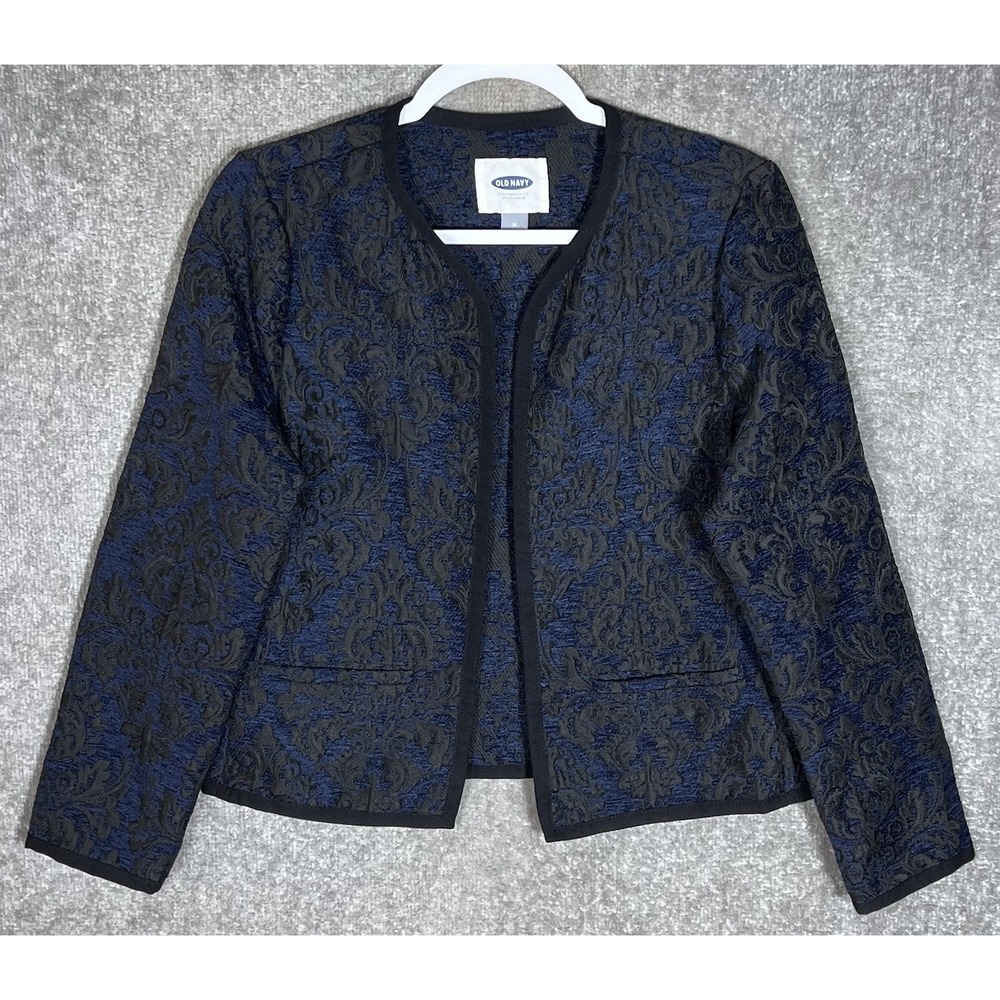 Old Navy Open Front Jacquard Party Coat Jacket Womens Size M Blue Black Pockets